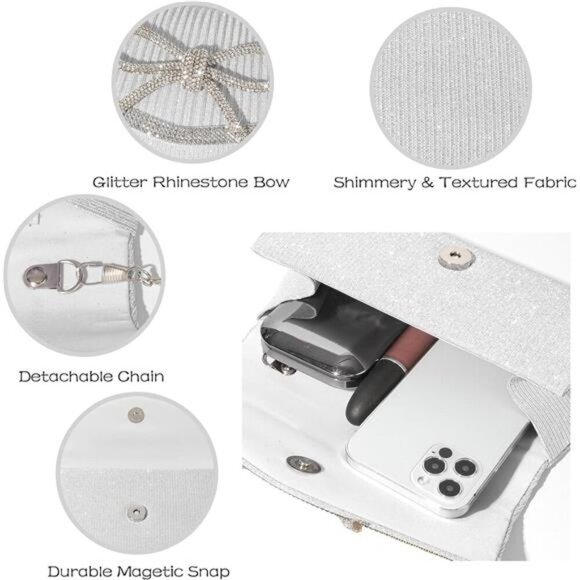 SH Glitter Clutch Purses for Women Elegant Bow Evening Bag Dressy Wedding - Picture 5 of 7